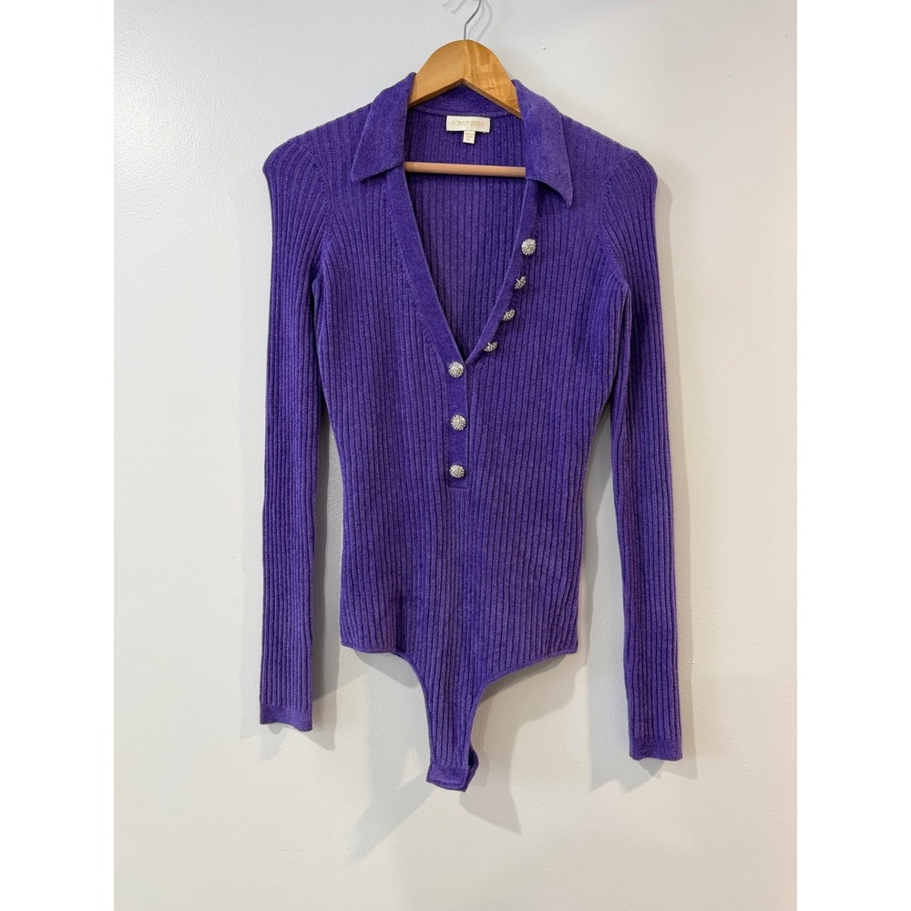 Ronny Kobo Purple Ribbed Knit Bodysuit Crystal Button Long Sleeve Polo Large